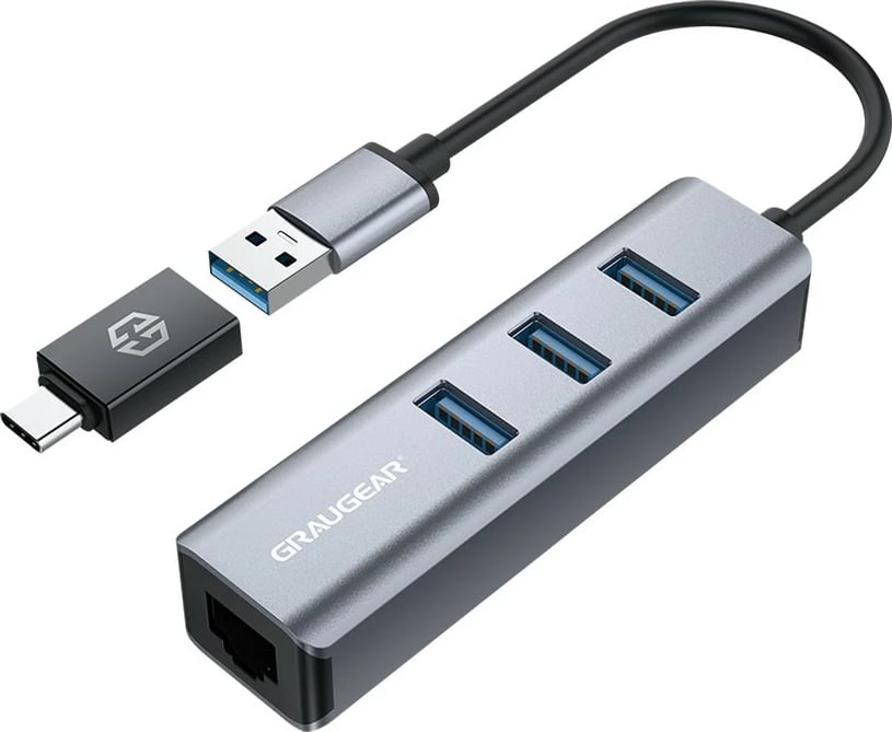 USB hub GrauGear 3x USB 3.0, Gbit LAN, 0.15m, metalik