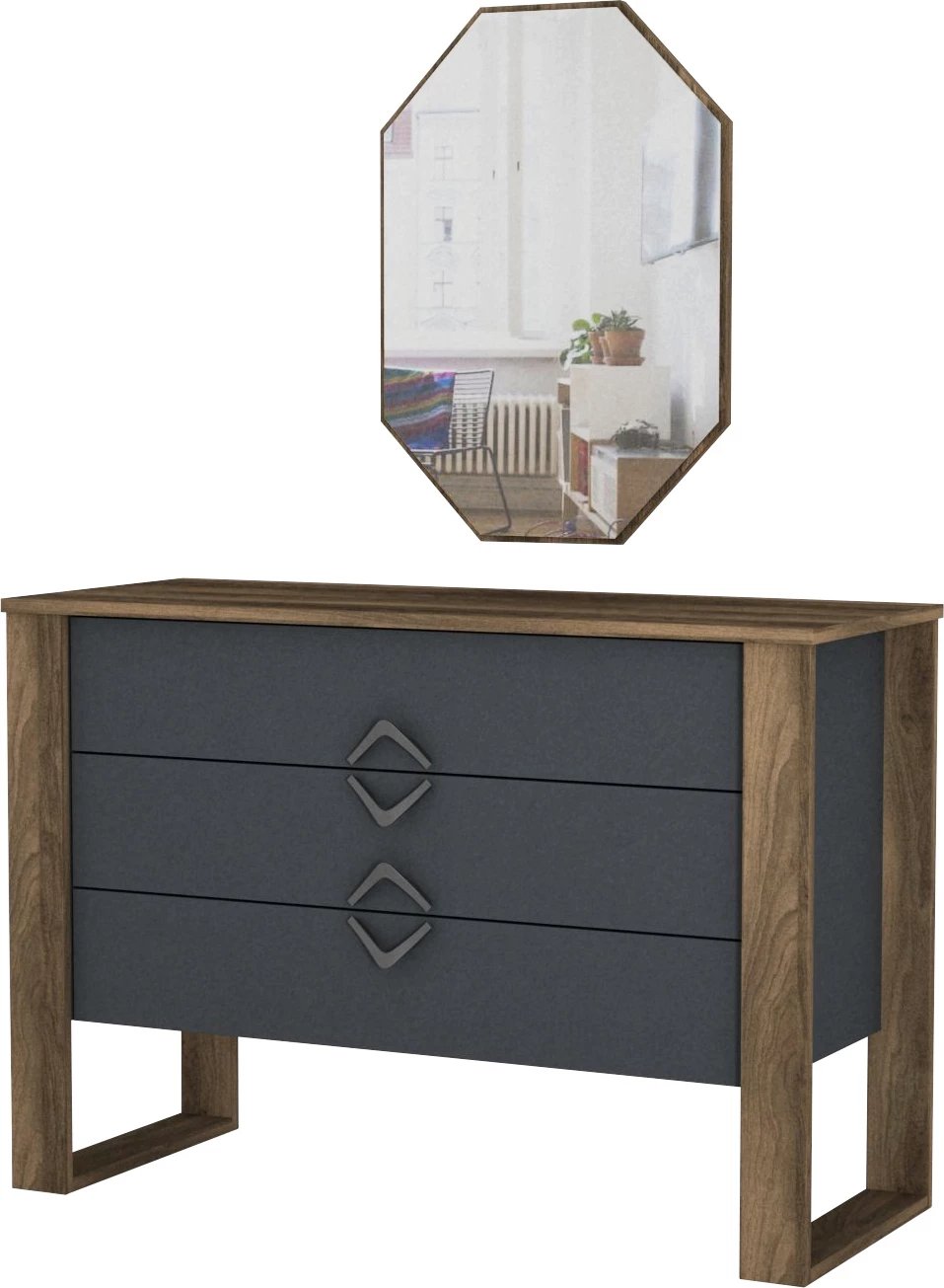 Komodë Hanah Home, Bumerang me pasqyrë, ngjyrë arrë dhe antracit