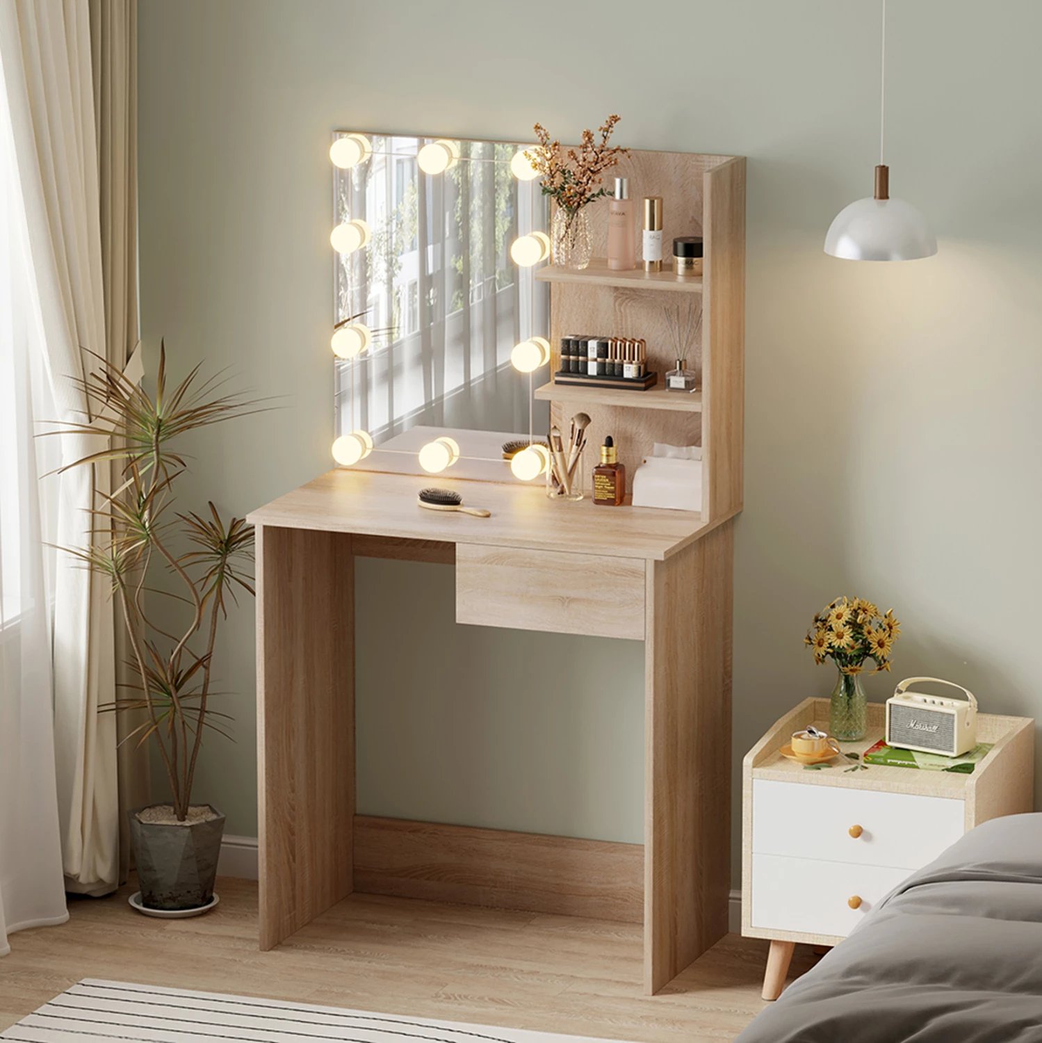 Tavolinë tualeti me drita LED dhe rafte, LAURYN FH2501.01, melaminë, ngjyrë SONAMA, 75x40x134.5Hcm