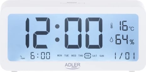 Orë alarmi, Adler, AD 1195, ekran me ndriçim, 3 alarme, shfaq kohë/datë/temperaturë/lagështi, me bateri 2xAA, bardhë