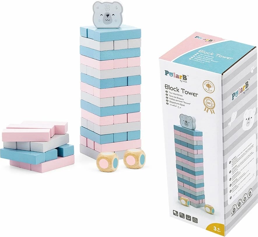 lojë kullë druri, Viga, Polar Bear, dru ahu, blloqe 54×11×18 mm, 3+, shumëngjyrëshe