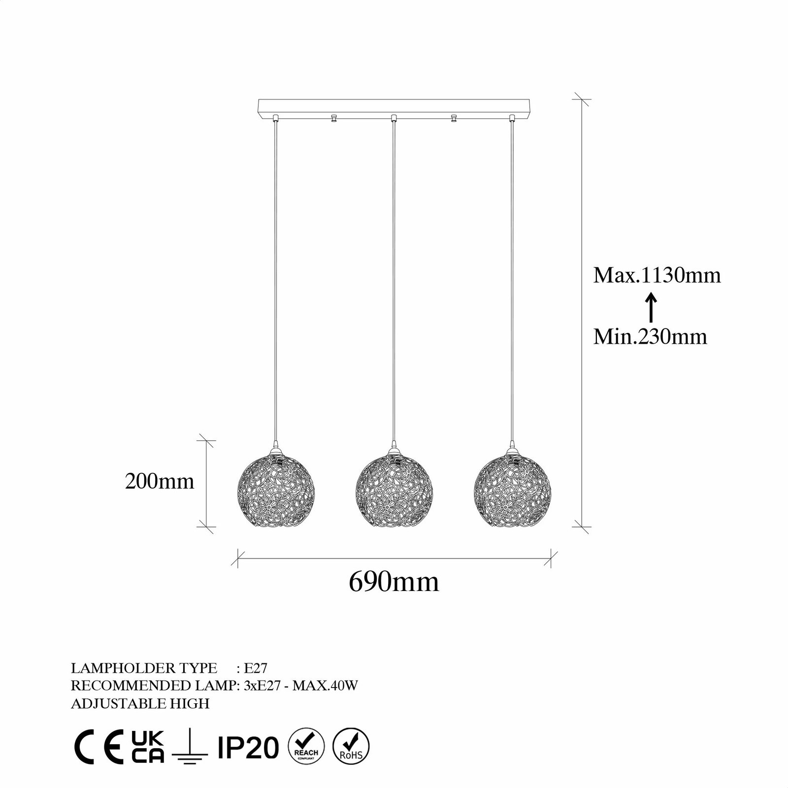 Llambë tavani Opviq Hay, e zezë, 69x17x113 cm
