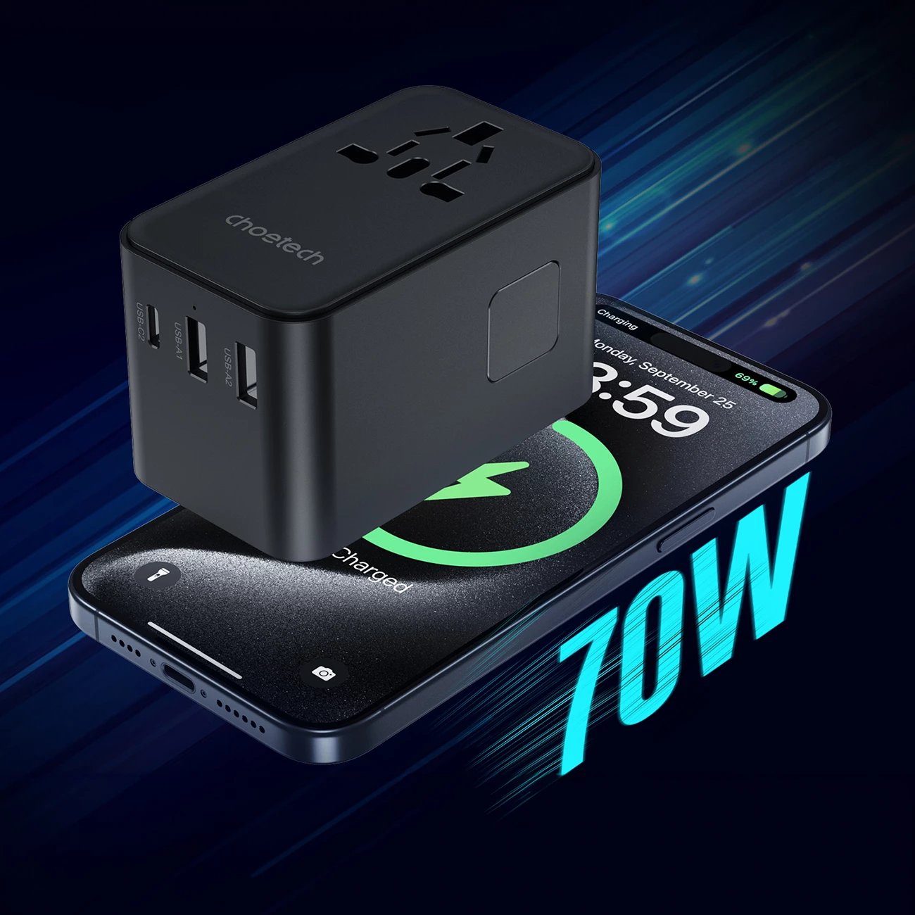 Adapter udhëtimi Choetech PD5022 me karikues 70W, 4 porta, USB-C/USB-A, i zi