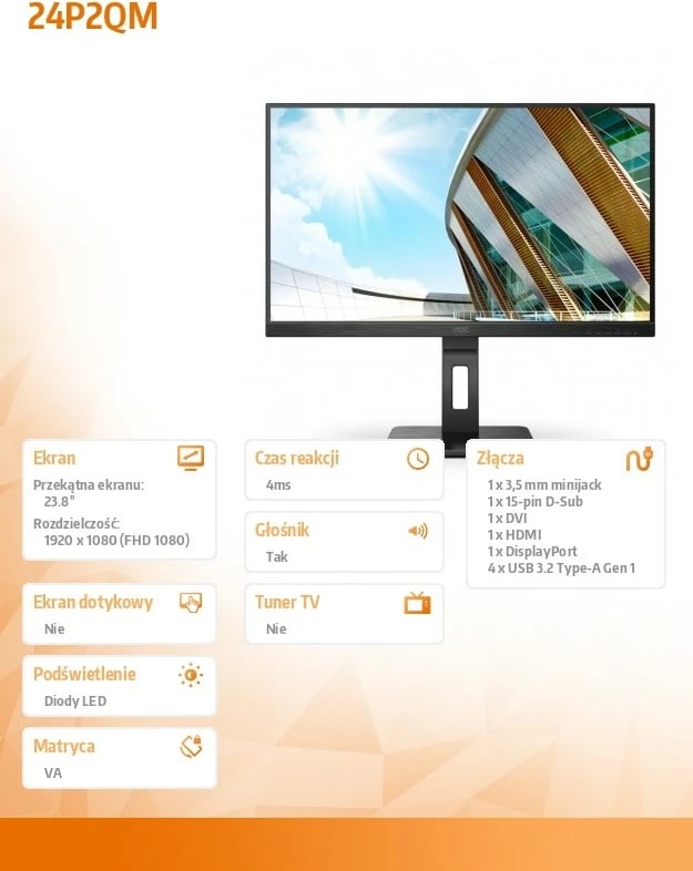 Monitor AOC 24P2QM, 23.8", VA, 75 Hz, FHD, HDMI, DP, Pivot, Zi