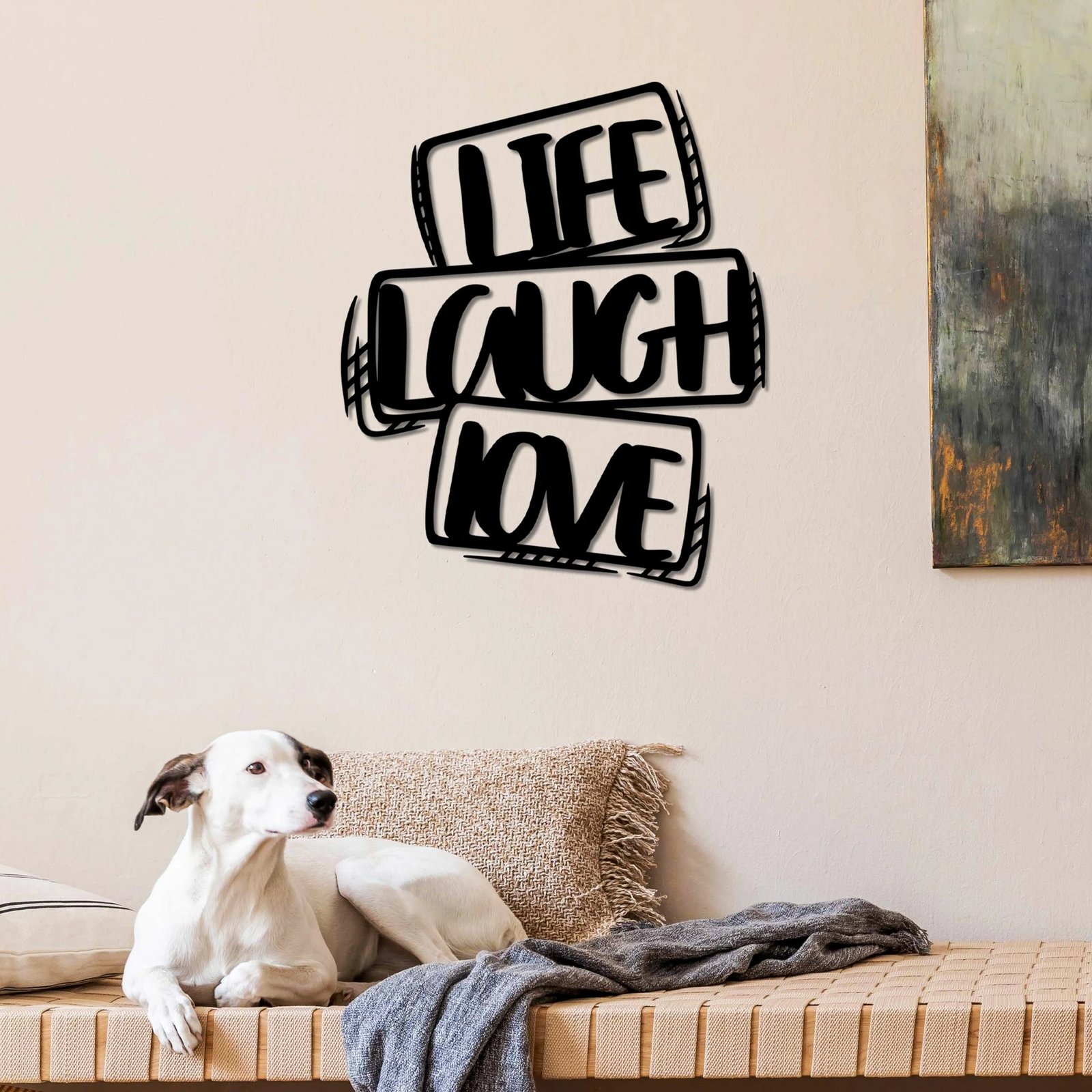 Aksesor dekorativ metalik për mur, Life Laugh Love, ngjyrë e zezë, 40x47cm