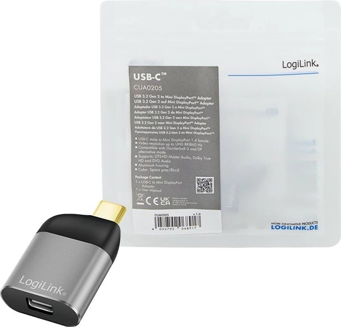 Adapter USB Type-C në mini DisplayPort LogiLink CUA0205, 8K, Zi/Gri