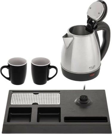 Set mirëseardhje me çajnik elektrik Adler AD 1354 1.2 L 1500 W inoks zi/çelik, set me tabaka dhe 2 filxhanë