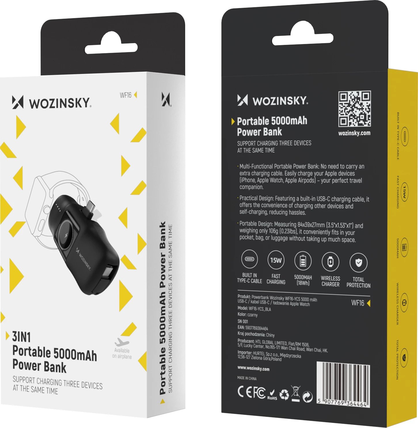 Powerbank Wozinsky WF16-YCS, 5000mAh, USB-C, me kabllo të integruar dhe karikues për Apple Watch, e zezë
