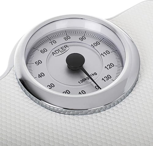 Peshore banjo mekanike, Adler AD 8180, kapacitet 136 kg, saktësi 1 kg, cadran 15 cm, pa bateri, e bardhë