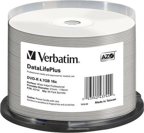 DVD-R Verbatim 43744, 4.7GB, 16x, 50 copë, Printable, Cake Box