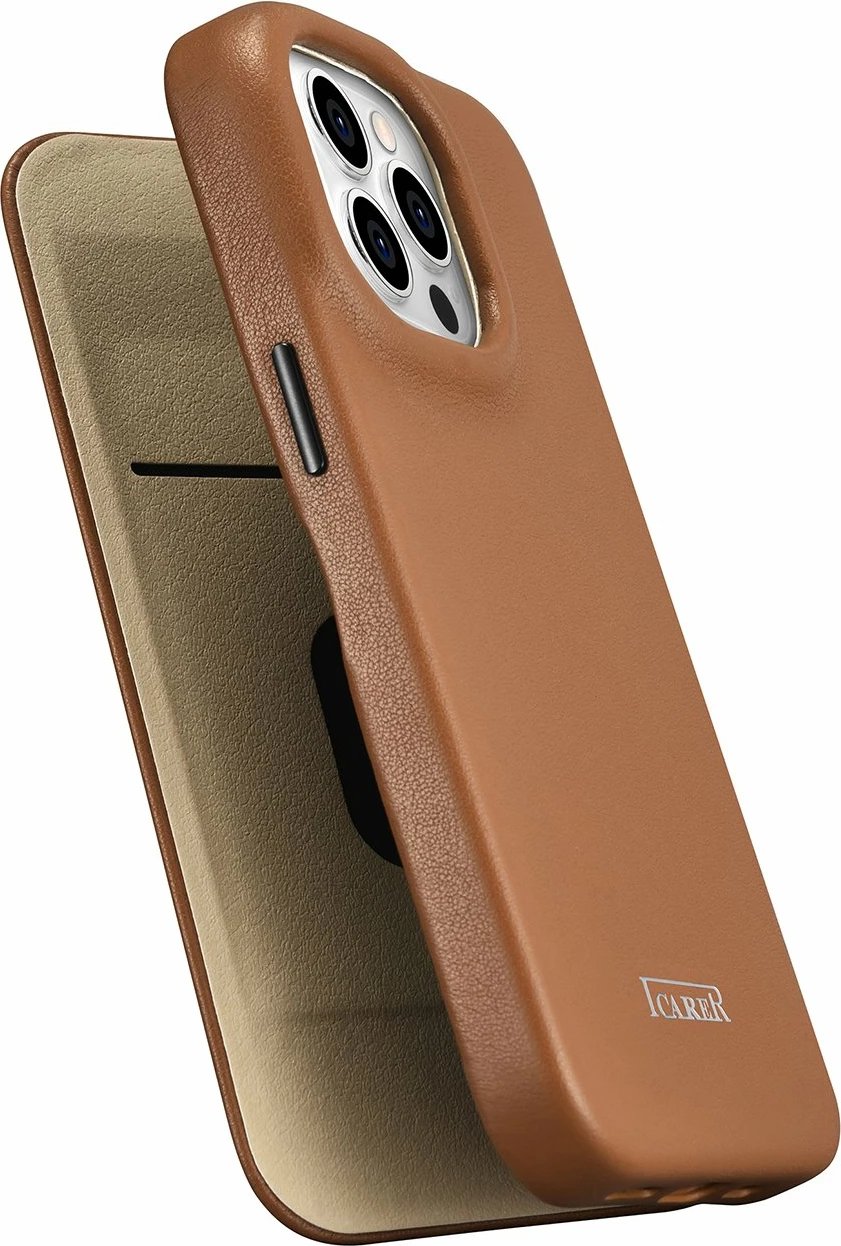Mbështjellës iCarer CE Premium lëkurë për iPhone 14 Pro, MagSafe, kafe