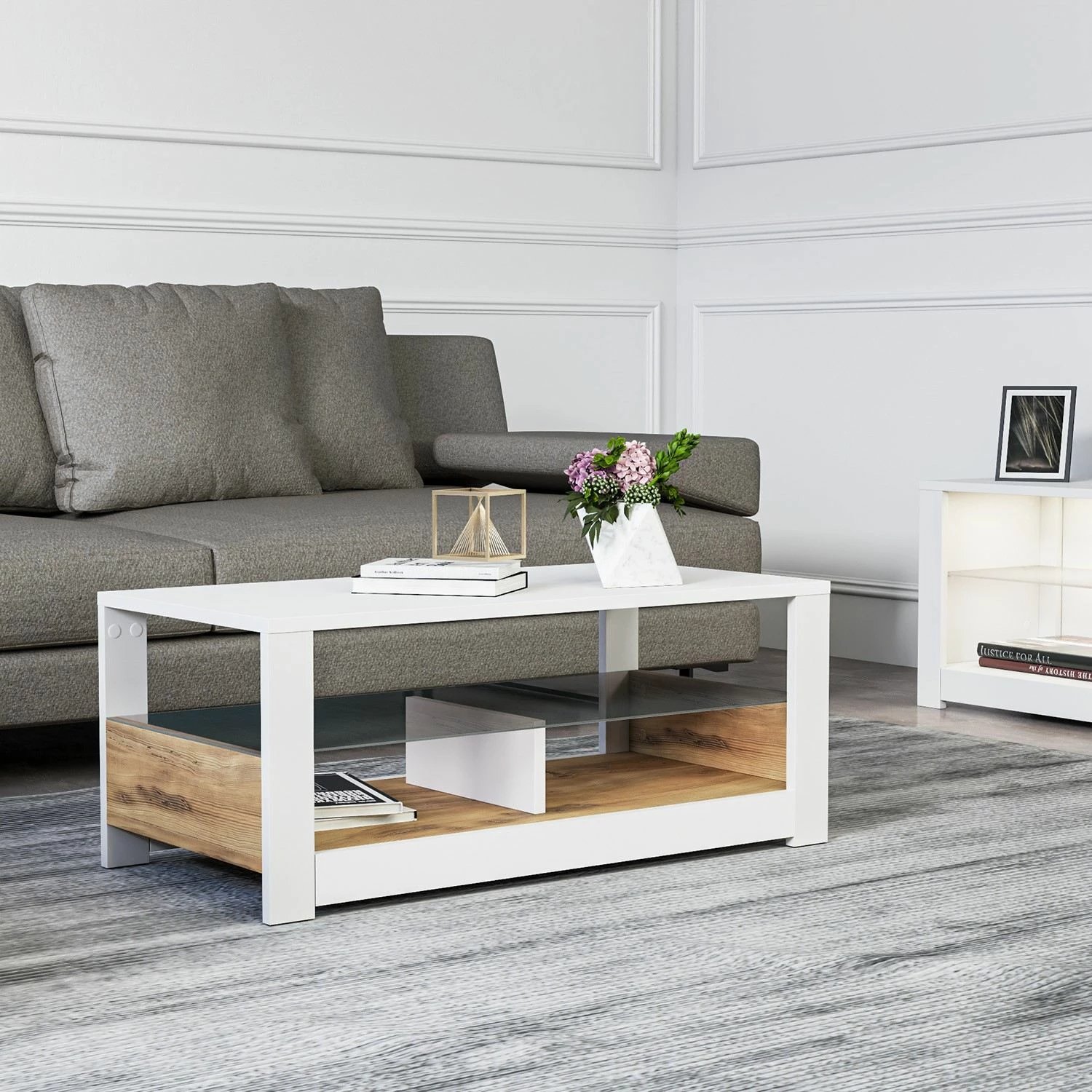 Tavolinë kafeje Skye Decor, Aydos, e bardhë dhe lis