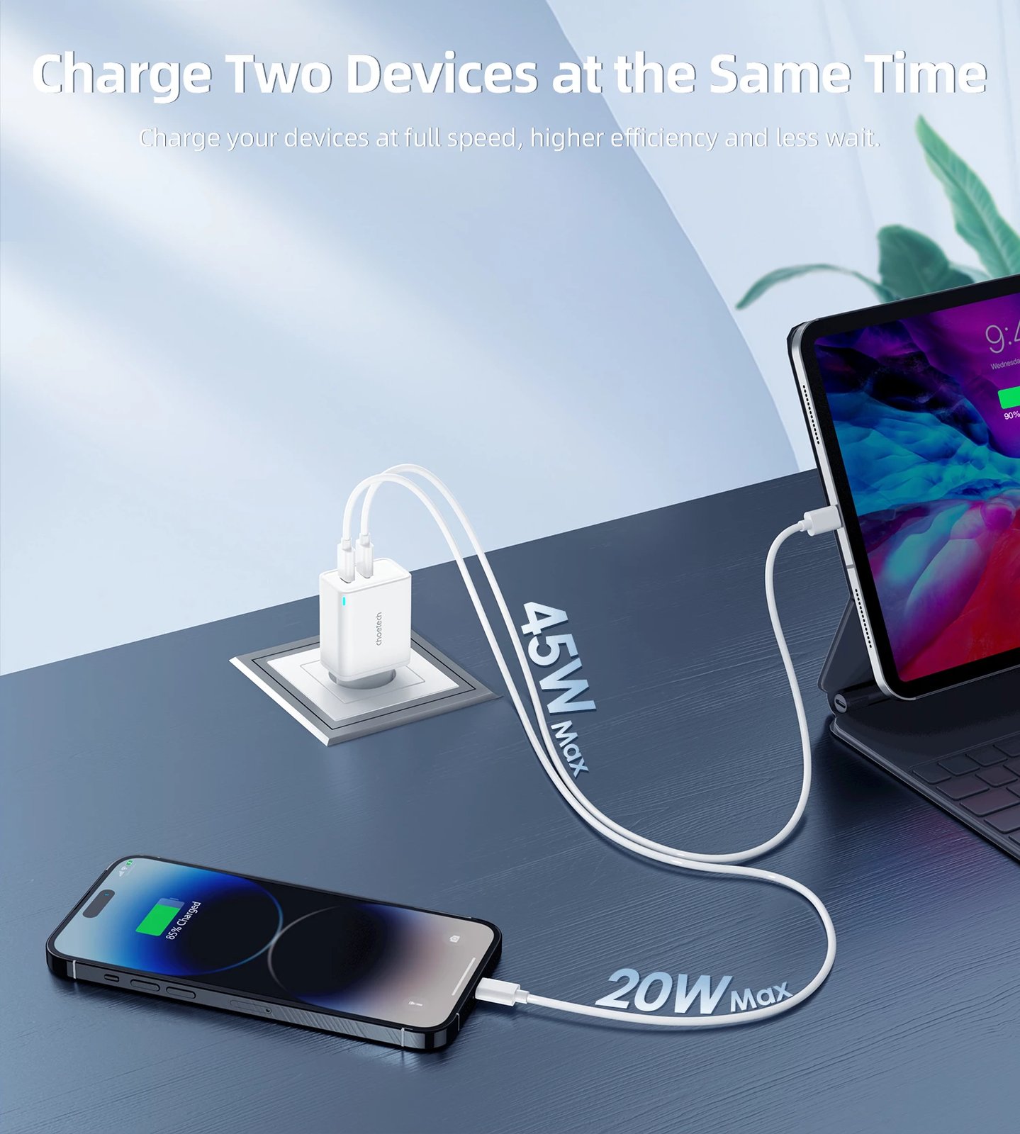 Karikues muri Choetech PD6013, 2x USB-C PD, 65W, i bardhë