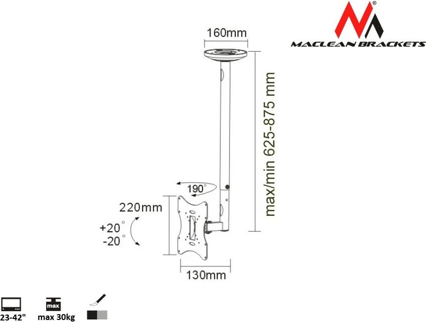 mbajtës tavani TV Maclean MC-504B 23-42" 30 kg 625-875 mm VESA 75x75-200x200, e zezë