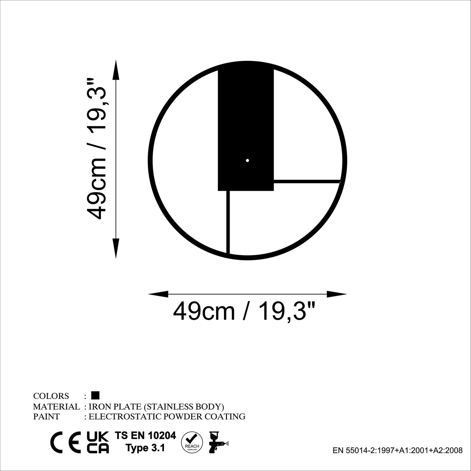 Orë muri dekorative metalike Wallity, Fora, e zezë, 49x49cm