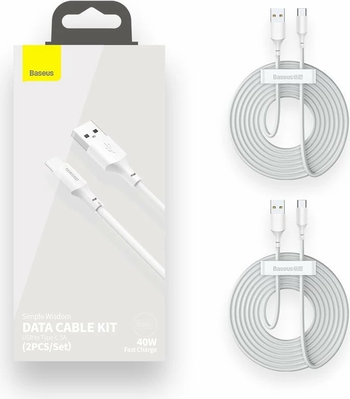 Kabllo USB në USB Type-C Baseus TZCATZJ-02, 1.5m, 40W, Set 2 copë, Bardhë