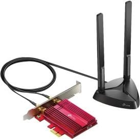 Kartë rrjeti Wi‑Fi 6 PCIe, TP-Link Archer TX3000E, AX3000, Bluetooth 5.0, antena me bazë magnetike, e zezë e kuqe