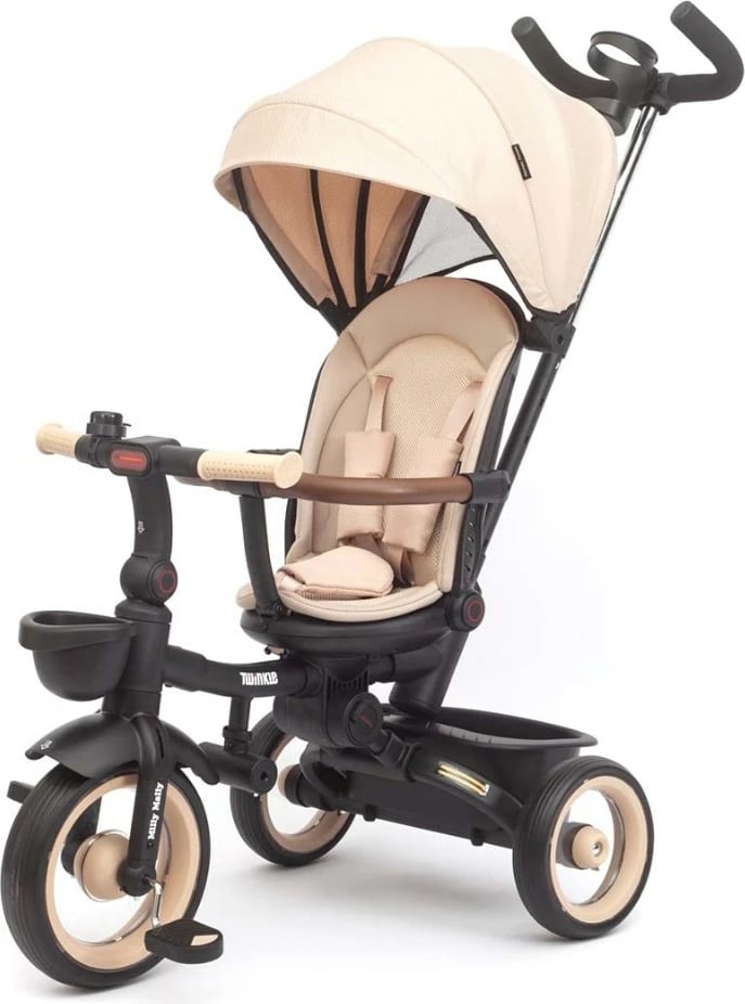 Tricikletë fëmijësh me dritë Milly Mally Twinkle, sedile rrotulluese 180°, timon prindëror i rregullueshëm, rrota shkumë, kapacitet 25 kg, me çati dhe kosha, bezhë