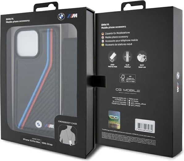 Mbështjellës BMW M Edition Carbon Tricolor Lines & Strap për iPhone 15 Pro, i zi
