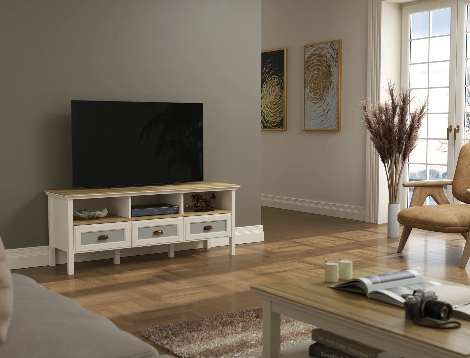 Komodë TV, ngjyrë krem, lis dhe gri, Skye Decor, FRN-21030