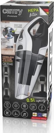Fshesë me korrent pa qese dorëmbajtëse, Camry, CR 7046, 0.5L 200W 7000Pa HEPA H12, pa kabllo 20 min, set me 4 koka Fshesë me korrent pa qese dorëmbajtëse, Camry, CR 7046, 0.5L 200W 7000Pa HEPA H12, pa kabllo 20 min, set me 4 koka
