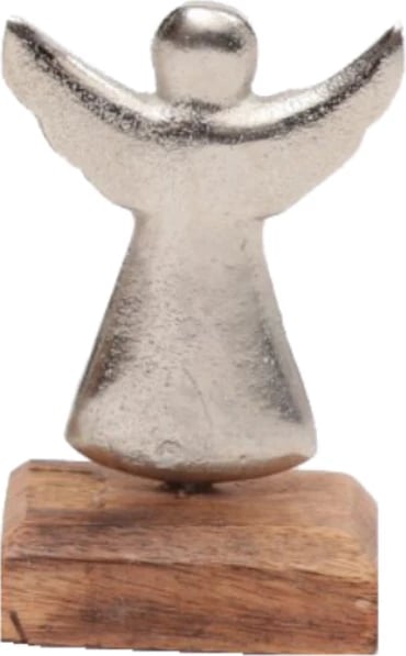 Dekor engjëll për Krishtlindje, alumin argjend, dru mango natyral, 10x5x18cm