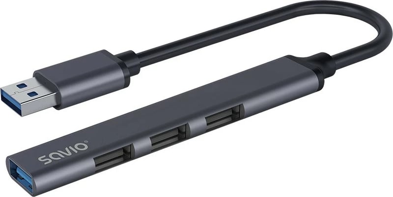 Hub USB-A 4 porta Savio AK-70, 3x USB-A 2.0, 1x USB-A 3.1 Gen 1, 5 Gbps, Alumini, Gri