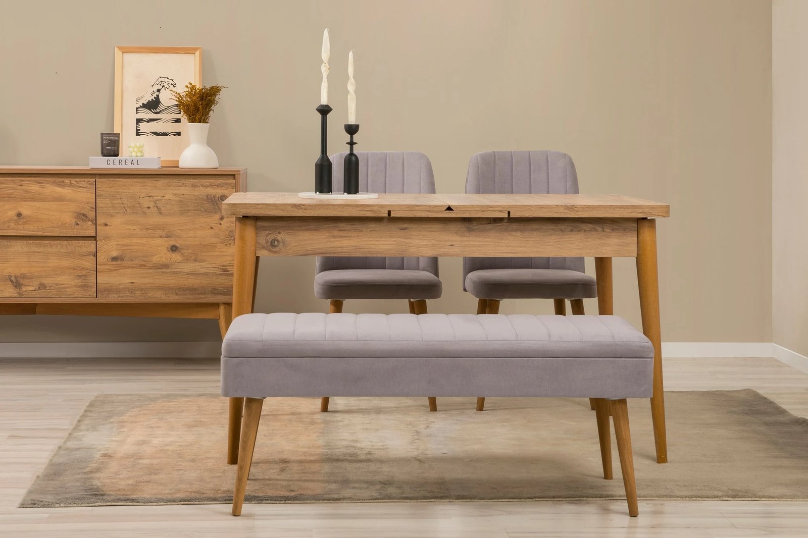 Set tavoline me karrige dhe konsol, zgjatues, 5 pjesë, Skye Decor, Vina 02 0701, ngjyrë lis Atlantik, gri