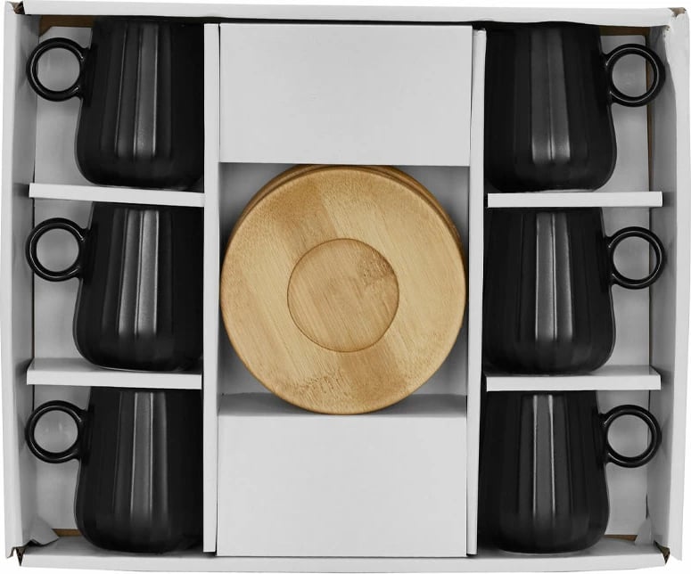 Set filxhanësh espresso Ripple, 6 copë, porcelan i zi, bambu natyral, 26x23x6cm