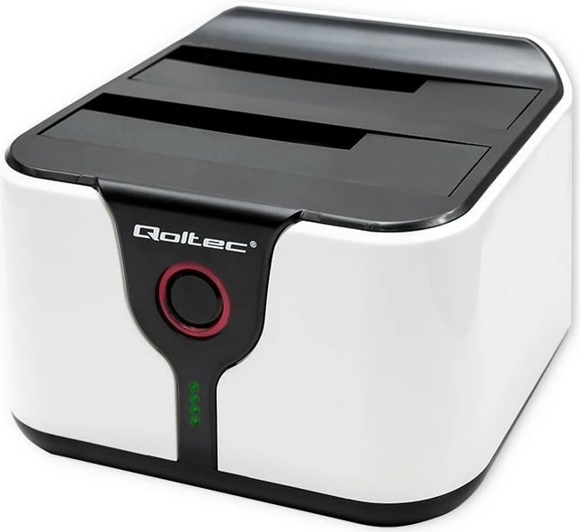 Stacion dokimi Qoltec 50309 për HDD/SSD 2.5"/3.5", USB 3.0, funksion klonimi, zi/bardhë