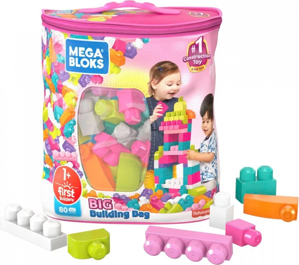 Set blloqesh ndërtimi Mega Bloks First Builders, 80 copë, me qese ruajtëse, shumëngjyrëshe