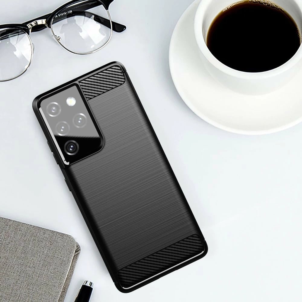 Mbështjellës Hurtel Carbon Case për Samsung Galaxy S21 Ultra 5G, i zi