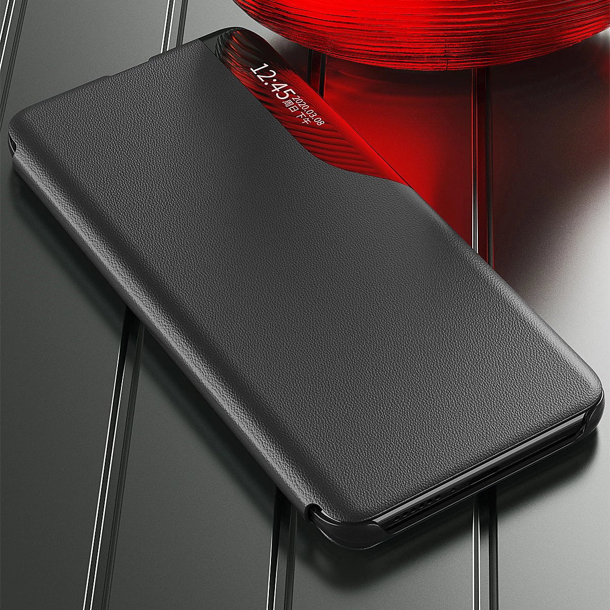 Mbështjellës Hurtel Eco Leather View Case për Samsung Galaxy S22+, me kapak dhe mbajtëse, Kuq