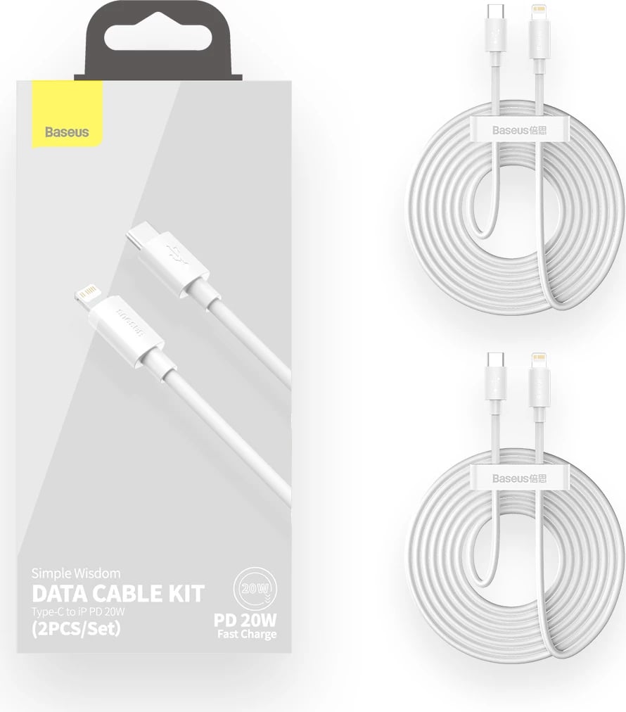 Kabllo Baseus Simple Wisdom TZCATLZJ-02, Lightning/USB-C, 1.5m, 20W, 2 copë, Bardhë