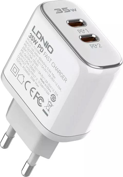 Karikues muri LDNIO A2528M, 2x USB-C, 35W, me kabllo USB-C në Lightning, Bardhë