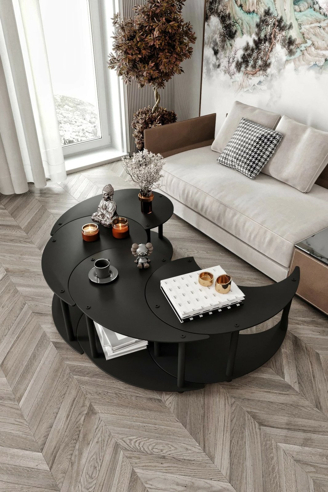 Set tavolinash kafeje Skye Decor, Yin Yang 4 copë, e zezë