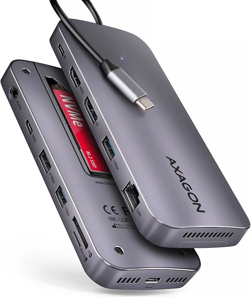 Kasë multiport AXAGON HMC-12GM2 12in1 me slot M.2 NVMe/SATA, 10Gbps, 3x USB-A, USB-C, HDMI 4K/60Hz, DP 4K/60Hz, GLAN, SD/microSD, audio, PD 100W, 50cm, Gri