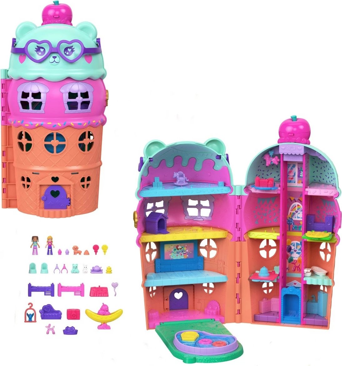 Set lodrash Polly Pocket Ice Cream House, Mattel JFT91, me 2 kukulla dhe 25 aksesorë, shumëngjyrësh