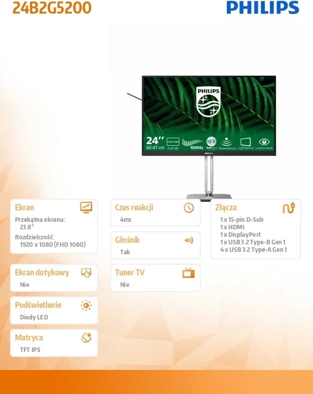 Monitor Philips 24B2G5200, 23.8", IPS, Full HD, 100Hz, me altoparlantë, Grafit
