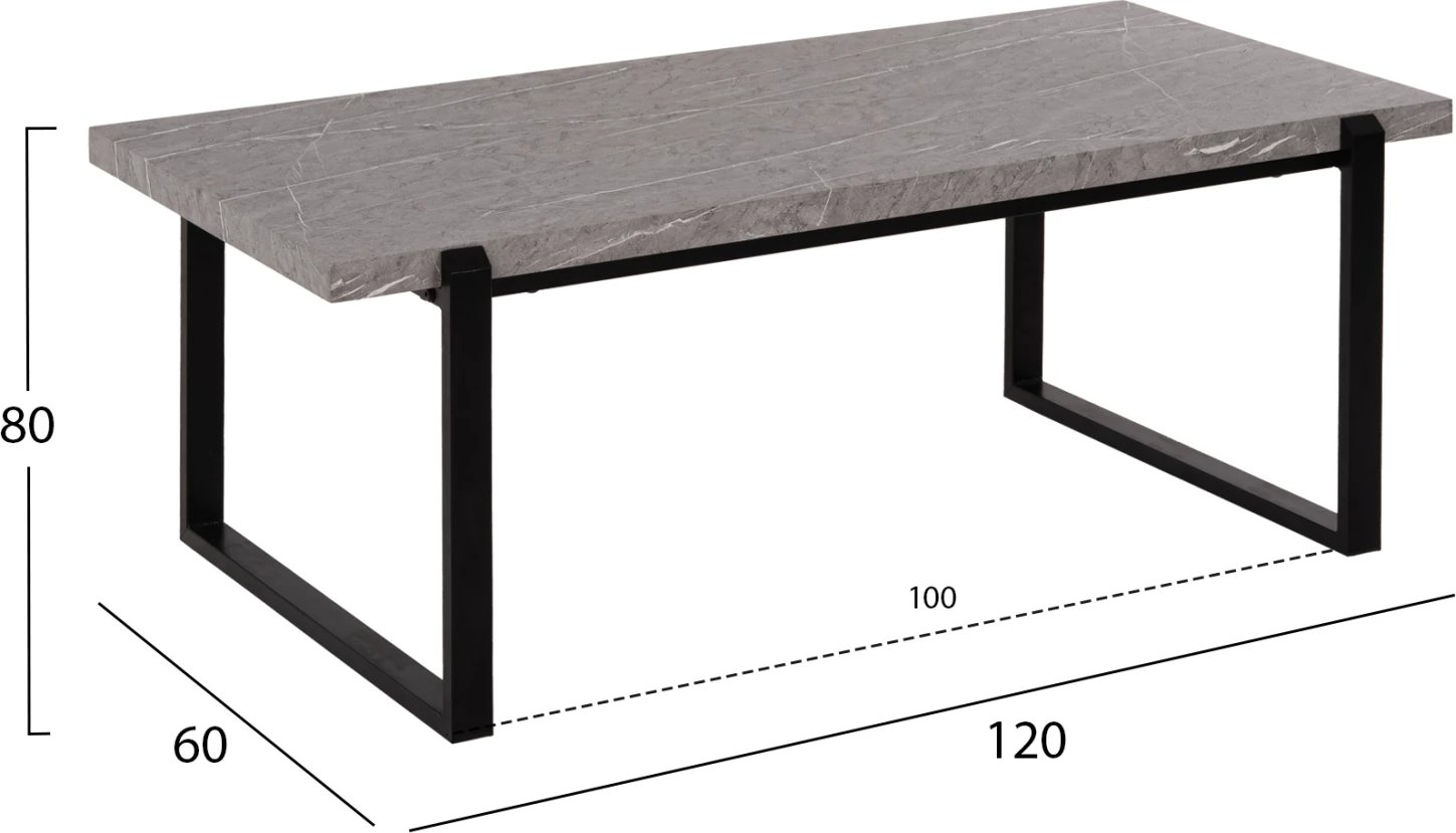 Tavolinë kafeje FH9585.02 MDF, sipërfaqe tavoline ngjyrë mermeri gri, bazë metalike e zezë, 120x60x46 cm