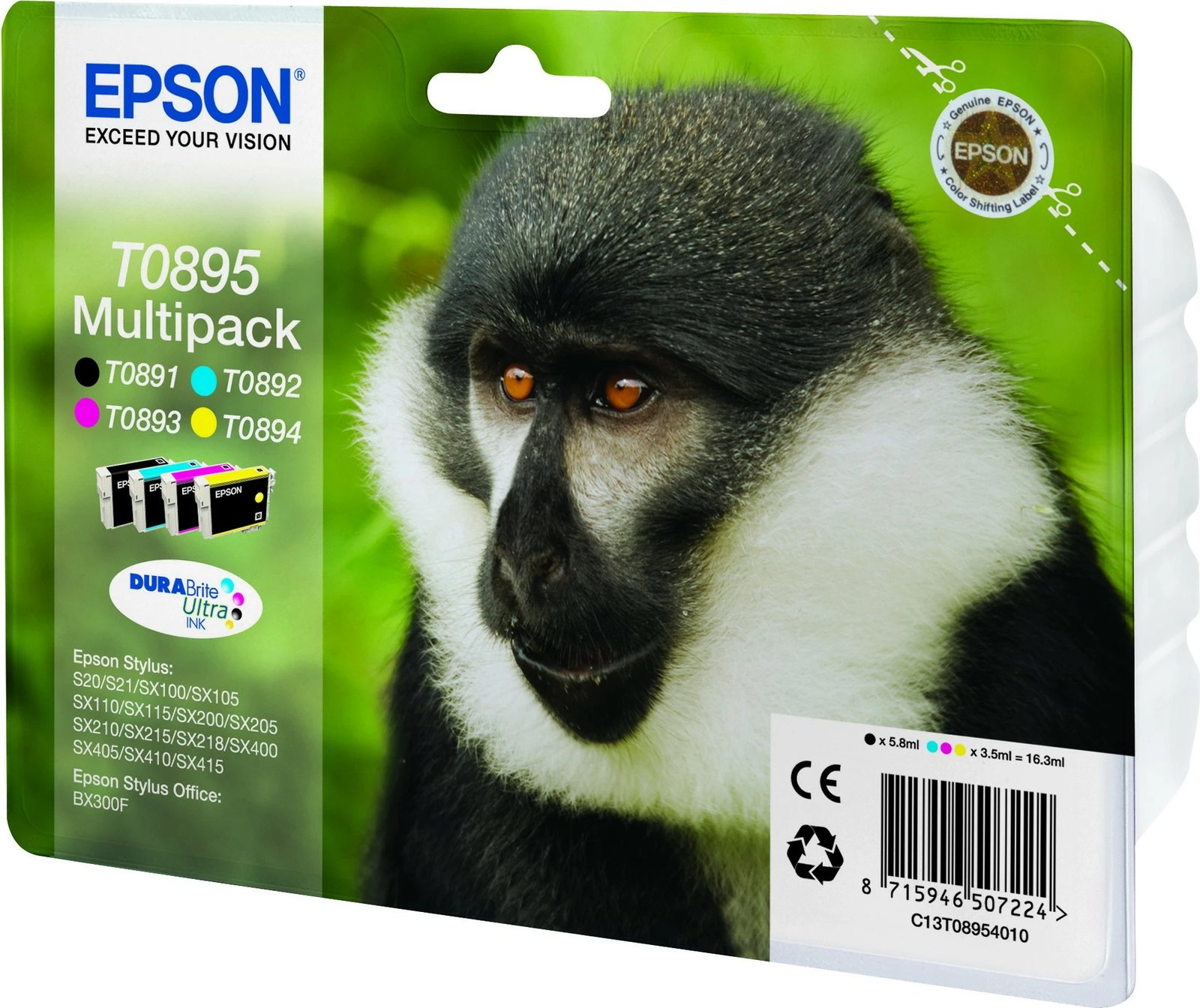 Multipack bojë Epson Monkey T0895, 4 ngjyra, 5.8 ml, 3.5 ml, Multi pack