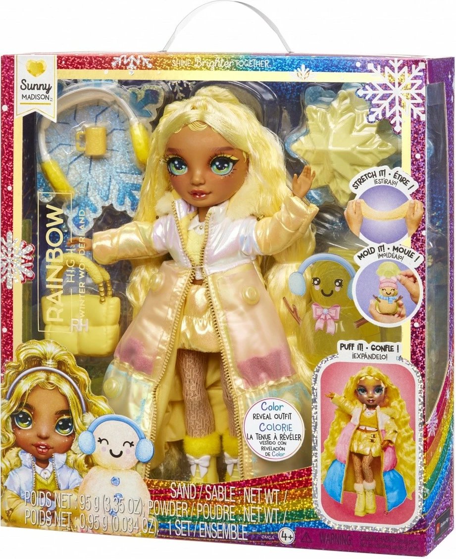 Kukull Rainbow High Winter Wonderland Sunny Madison, 11 inç, me borë magjike dhe aksesorë, Verdhë