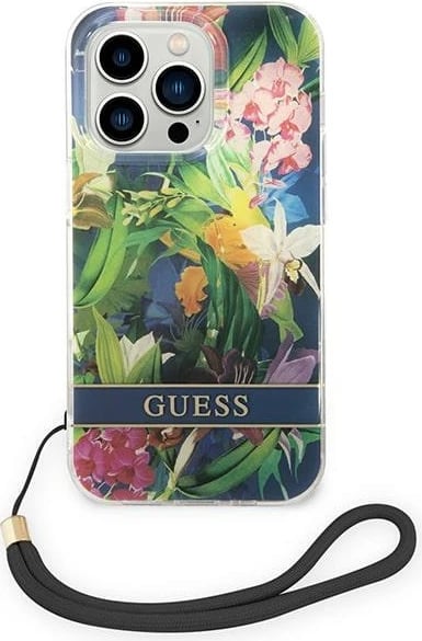 Mbështjellës Guess GUOHCP14LHFLSB për iPhone 14 Pro 6.1", Flower Strap, Blu Mbështjellës Guess GUOHCP14LHFLSB për iPhone 14 Pro 6.1", Flower Strap, Blu
