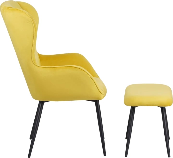 Karrige me mbështetëse për këmbë Rueda kadife ngjyrë e verdhë me këmbë metali të zezë 71.5x66.5x99cm