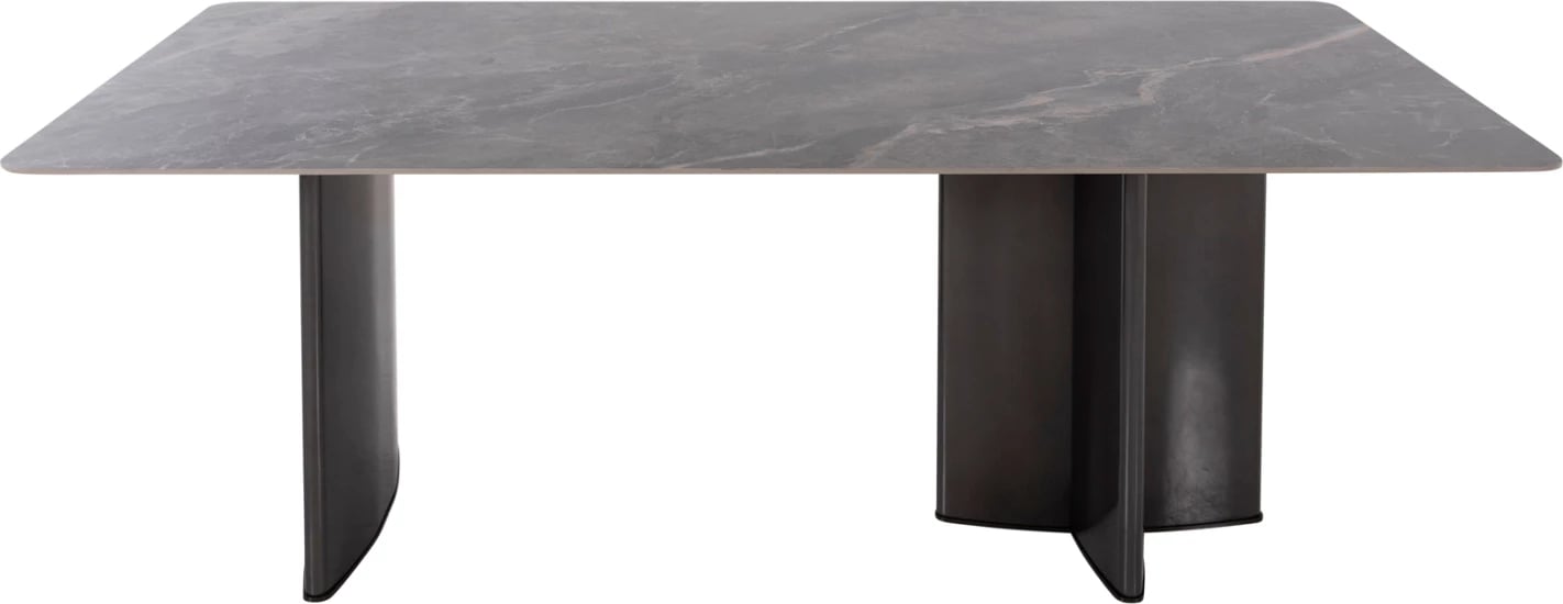 Tavolinë ngrënieje HEFF FH9766.01 sipërfaqe qeramike 12mm, ngjyrë mermeri të zi, kornizë MDF, këmbë metalike të zeza, 200x100x76H cm