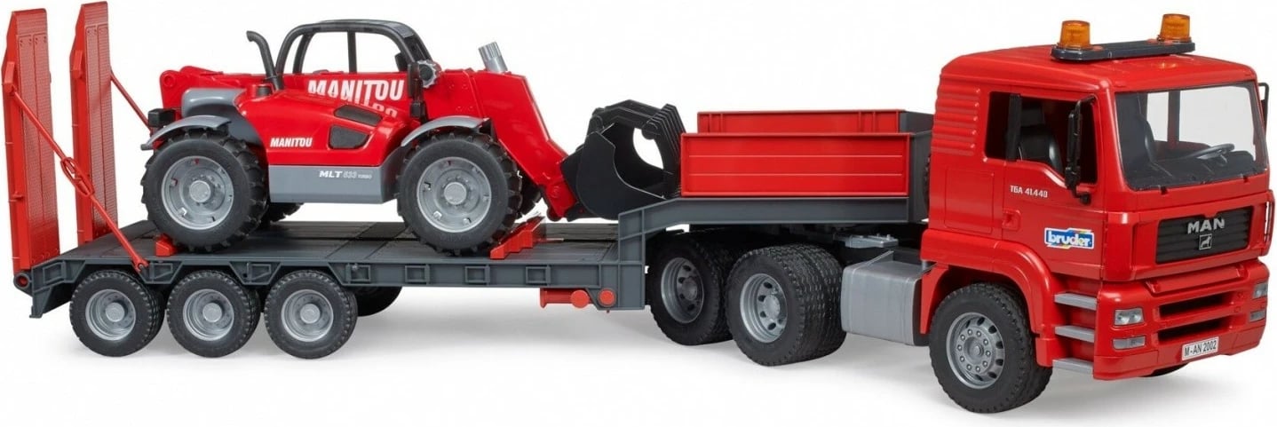 Kamion lodër BRUDER MAN TGA me rimorkio dhe ngarkues teleskopik Manitou, 1:16, Kuq