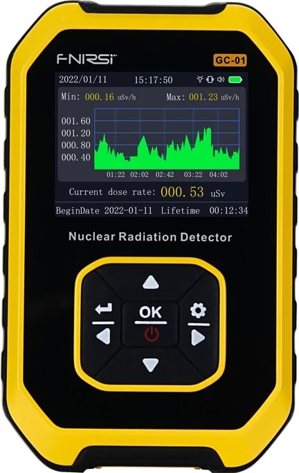 Detektor rrezatimi bërthamor, FNIRSI GC-01, numërues Geiger me ekran LCD, gamë 0.01–10000 µSv/h, alarm zë/dritë/vibrim, bateri 1100 mAh, e verdhë