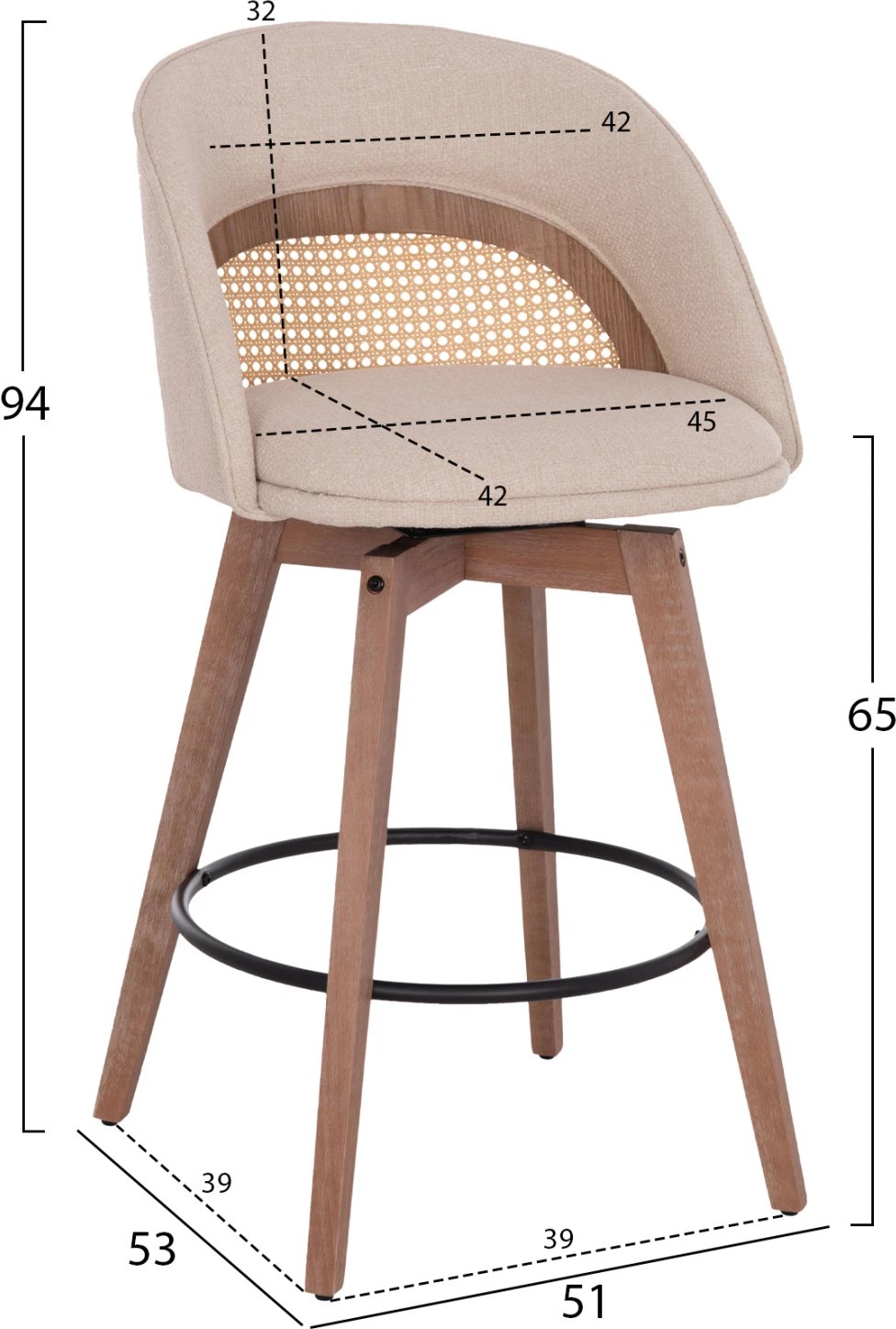 Karrige për bar rrotulluese RIKI, këmbë druri, material bezhë, 51x53x94cm, set prej 2 copësh