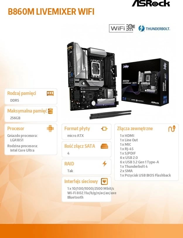 Pllakë amë ASRock B860M LIVEMIXER WIFI, micro ATX, DDR5, WiFi 6E, Thunderbolt 4