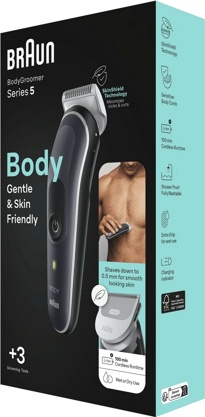 Body groomer Braun BG5350, SkinShield, 2 koka, Wet & Dry, zi, argjendtë